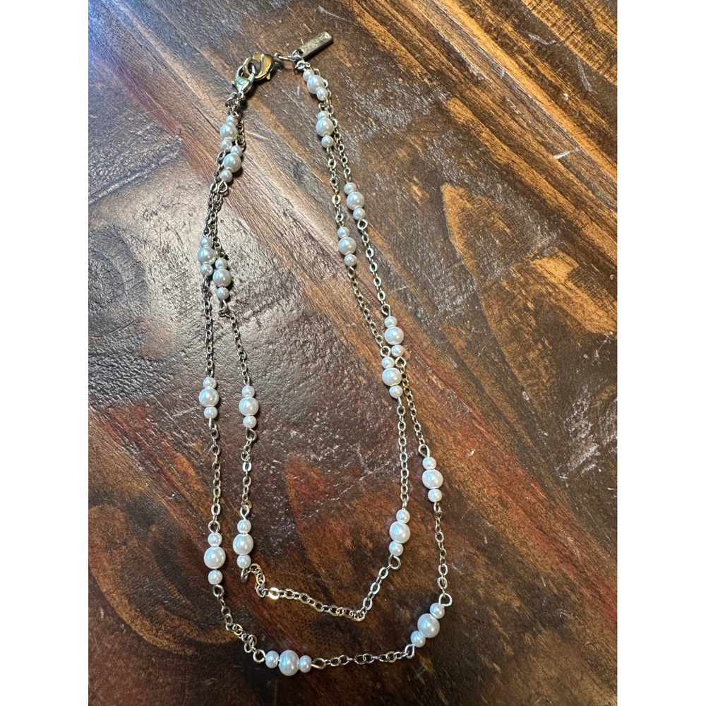 White House Black Market WHBM Double Strand Faux Pearl Gold Tone Necklace